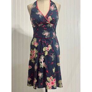 Vintage Rampage Halter Dress 7 Navy Floral Cherry Blossom Rockabilly Pinup Y2K